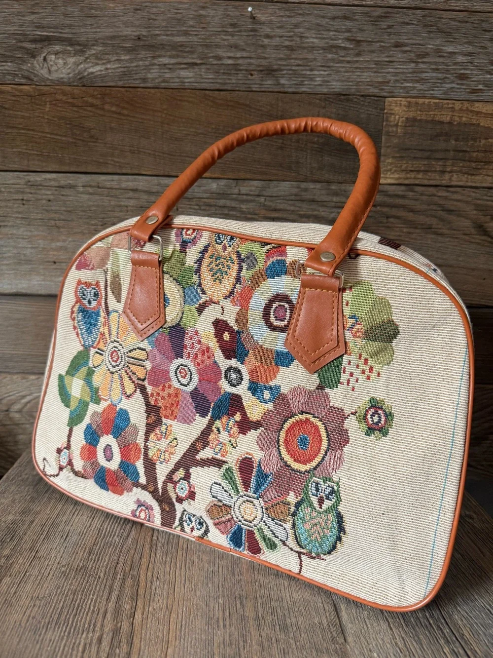 Brown Handle Tapestry Floral bag
